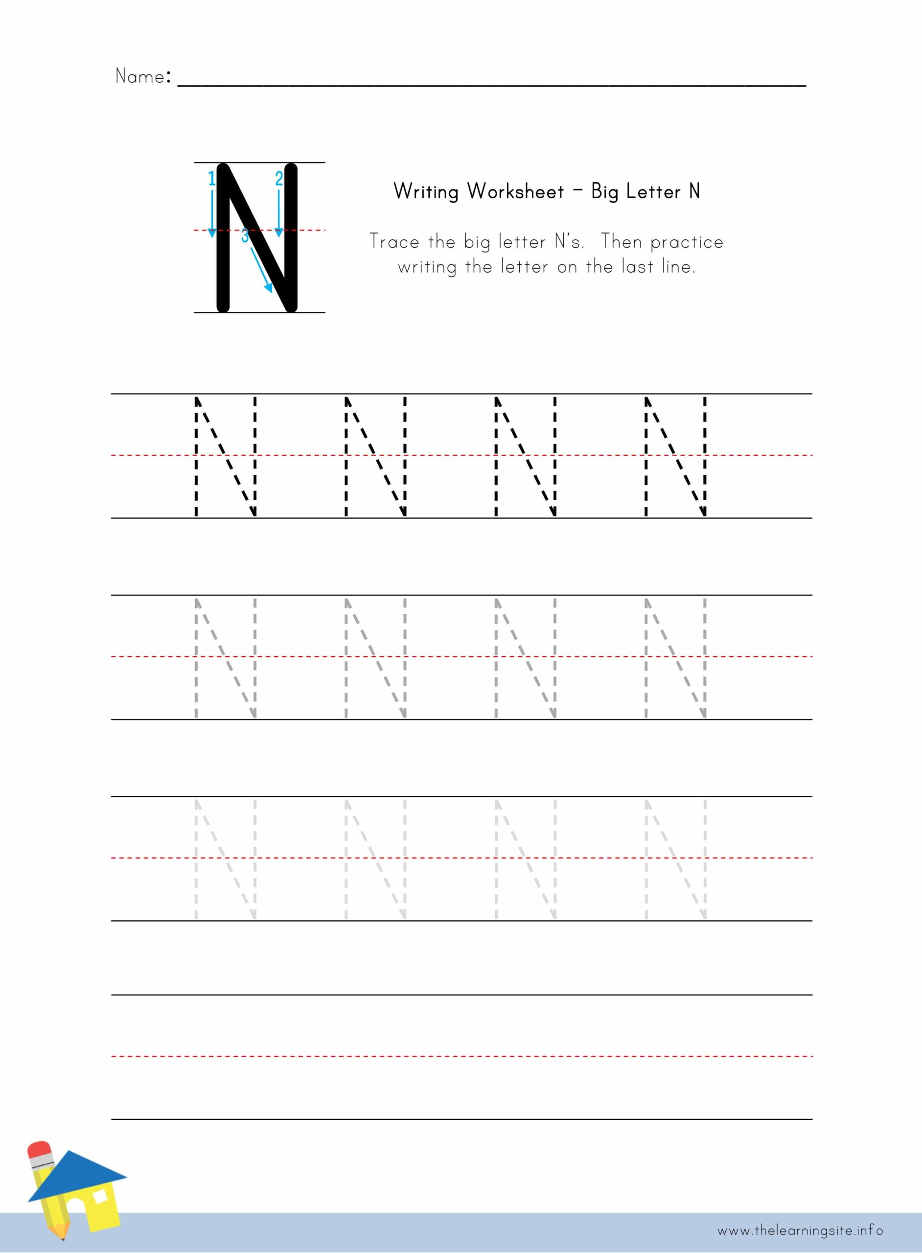Big Letter N Writing Worksheet – The Learning Site