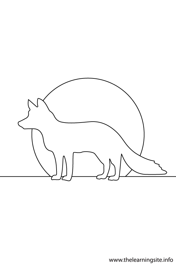 Fox Animal Sunset Silhouette Coloring Page Outline Flashcard Illustration